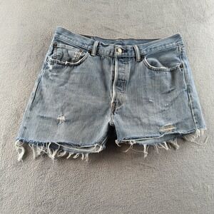 Vintage Levis 501 Jorts Shorts 33 Blue Light Wash Distressed Cut Off Button Fly